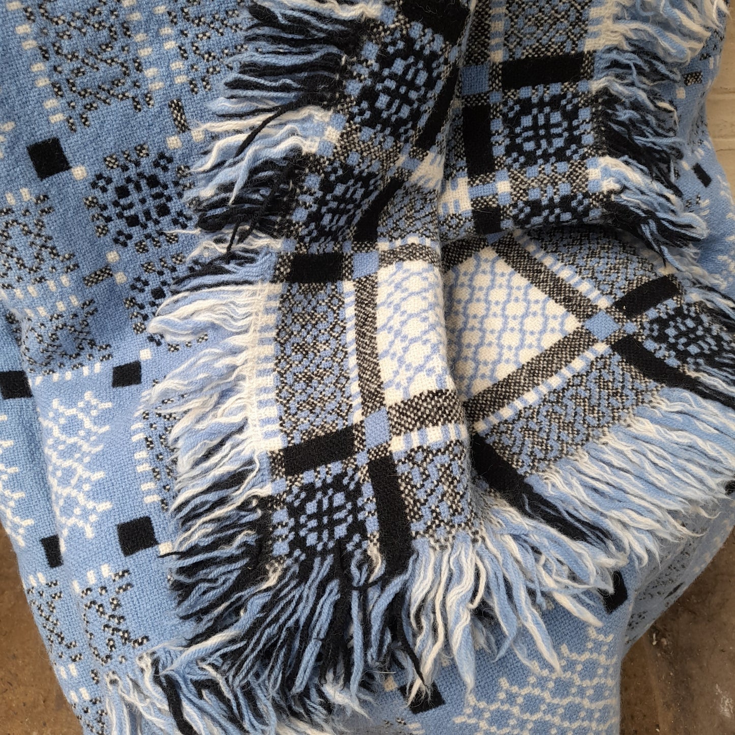 Vintage Welsh Tapestry Blanket in Blue, Black & White Knot Garden Design by Melin Tregwynt