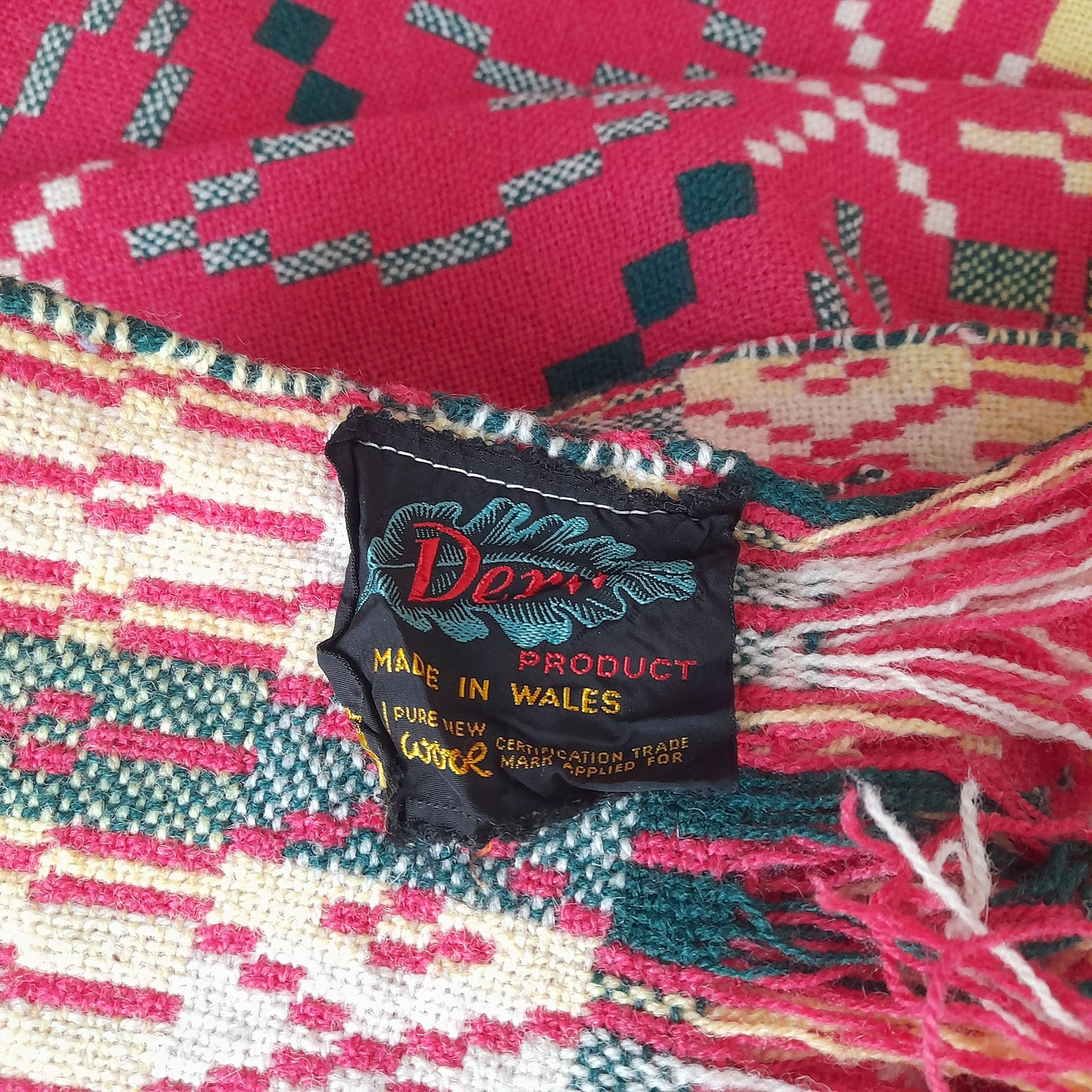 Vintage Welsh Tapestry Blanket in Raspberry Red/Pink, Emerald Green, Daffodil Yellow & Cream by Derw Mill King Size
