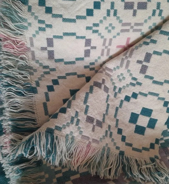 Vintage Welsh Tapestry Blanket in Shabby Chic Teal & Pink on Cream by Trefriw Woollen Mill