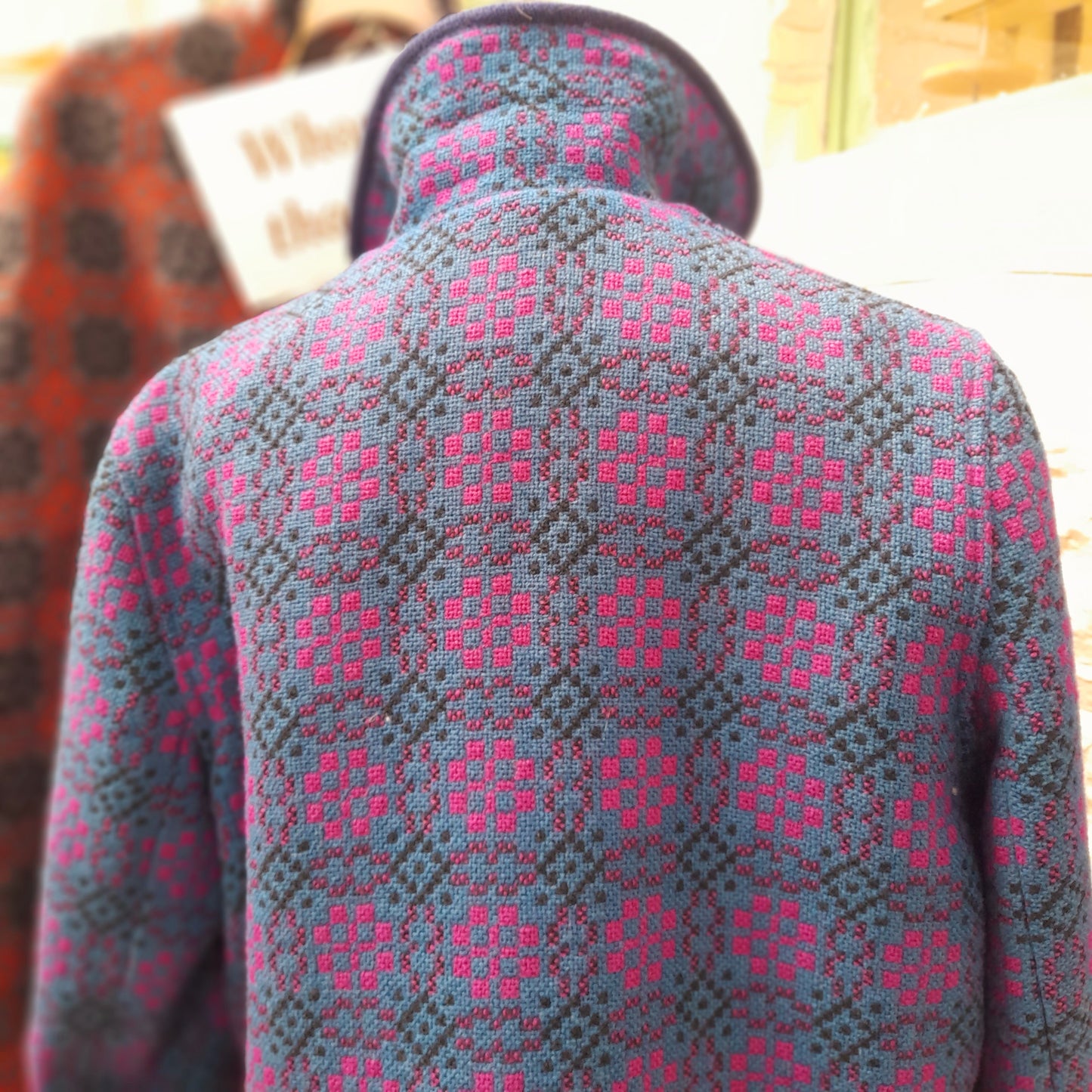 Vintage Welsh Wool Tapestry Pea Coat in Blue & Pink Large Size 18