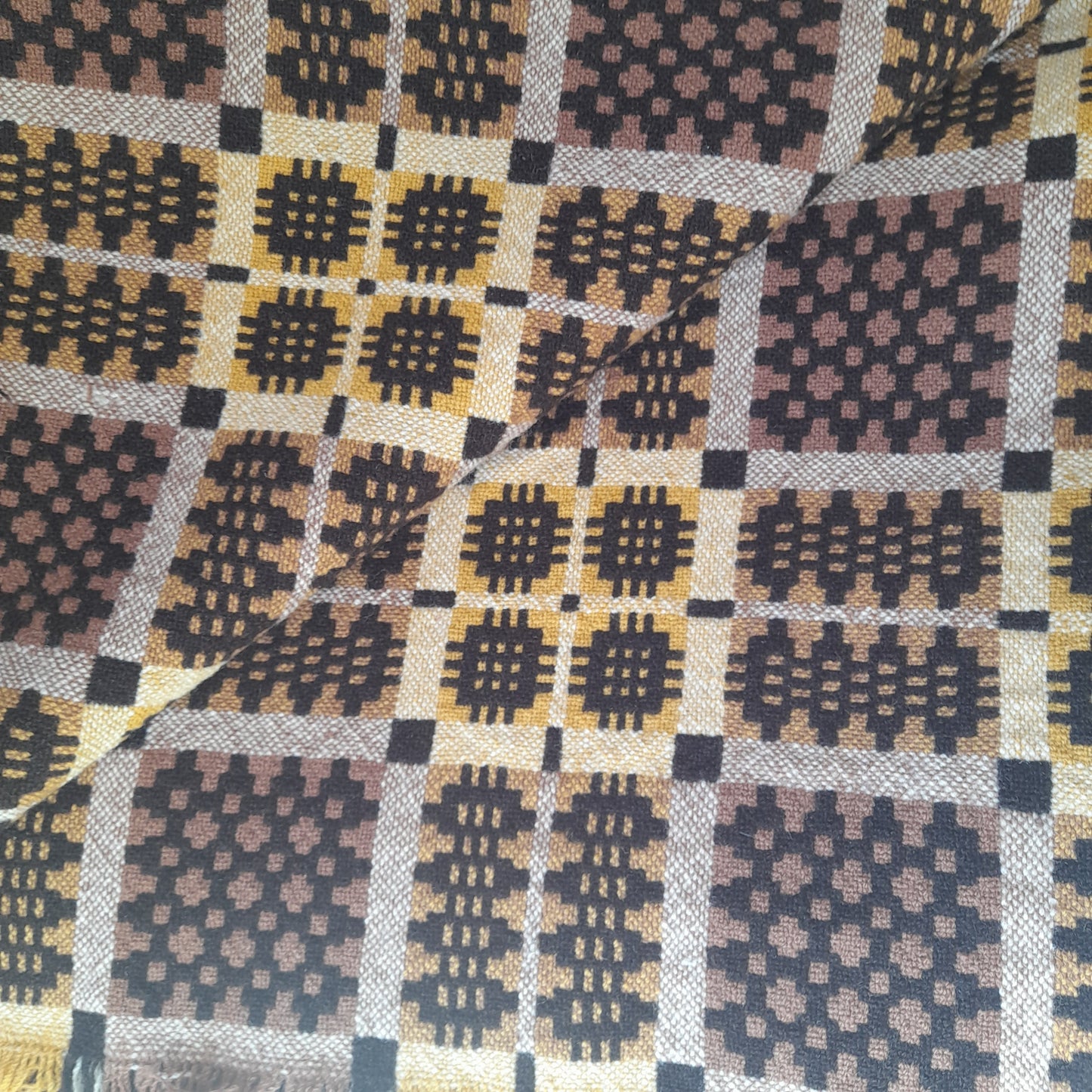 Vintage Welsh Tapestry Blanket in Brown, Gold & Cream by Trefriw Woollen Mill