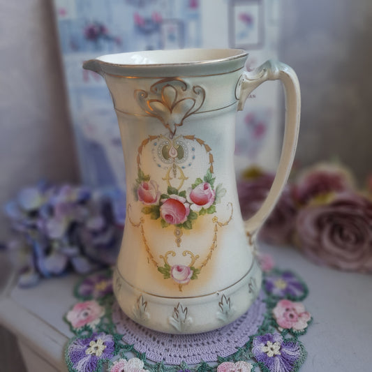 Art Nouveau Jug in Duck Egg Blue & Pink Roses Perfect Vintage Floral Vase