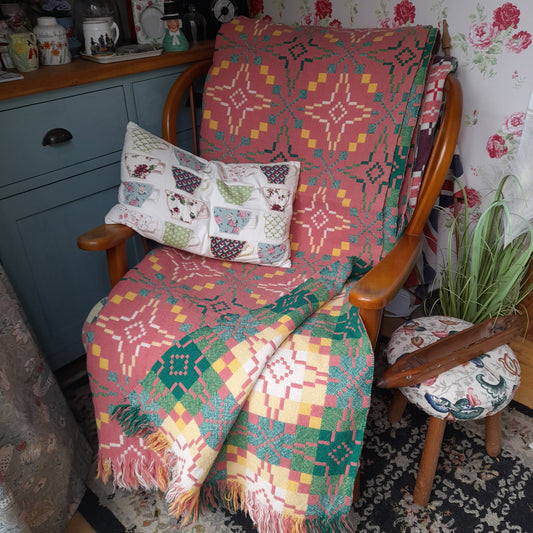 Vintage Welsh Tapestry Blanket in Coral Pink, Yellow, Green & Off White in 'Vintage Star' design by Melin Tregwynt King Size
