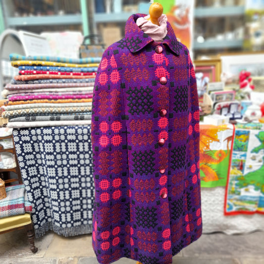 Vintage Welsh Tapestry Cape Full Length in Purple Pink Portcullis