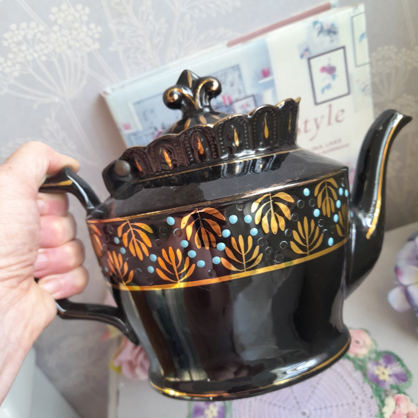 Antique Victorian Jackfield Black Handpainted Jet Ware Teapot With Hinged Lid Unused
