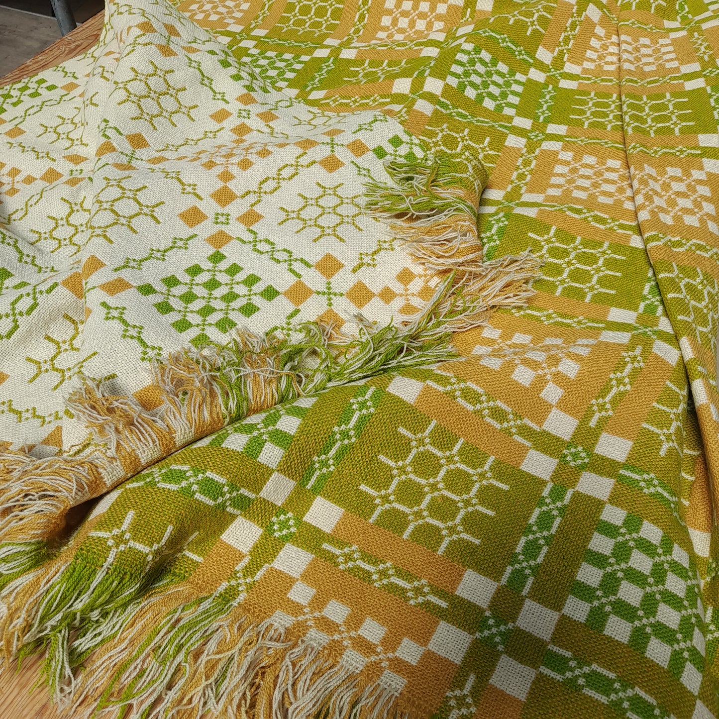 Vintage Welsh Tapestry Blanket in Mustard, Green & Cream by Elfed Woollen Mill King Size