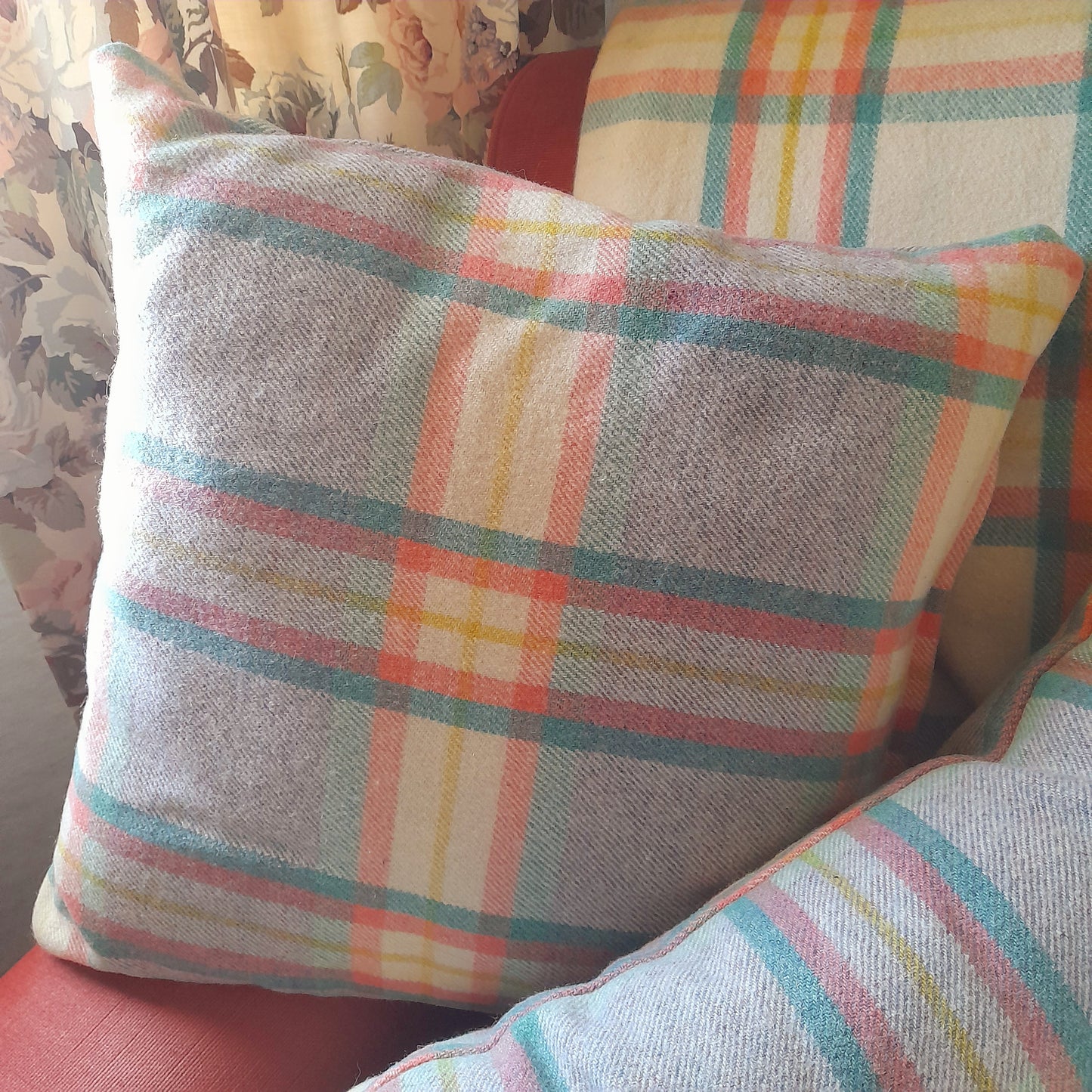 Welsh Wool Cushions Made From A Vintage Blanket in Grey Peach Cream & Green Check 20"