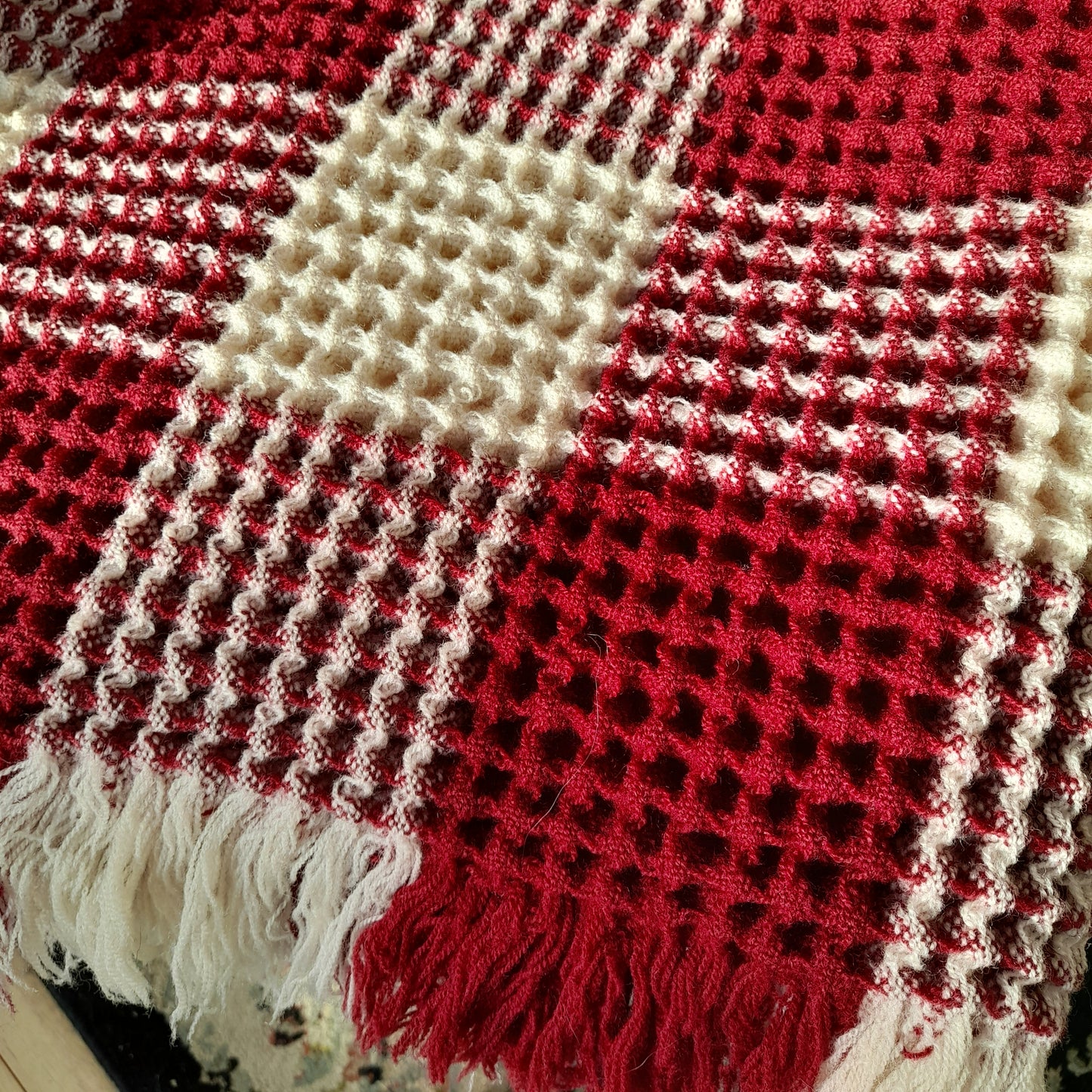 Vintage Welsh Wool Waffle Honeycomb Blanket Burgundy & Cream Check