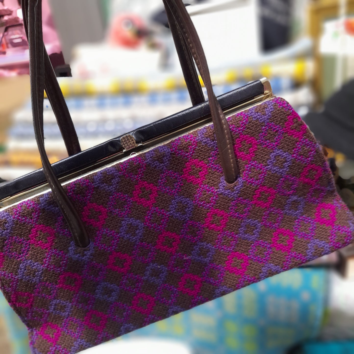 Vintage Welsh Tapestry Handbag in Cerise Pink & Purple Chevrons