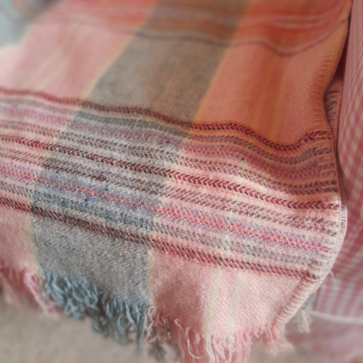 Vintage Welsh Blanket in Pretty Pastel Plaid Checks in Pale Pink Duck Egg Blue Blue & Pop of Red