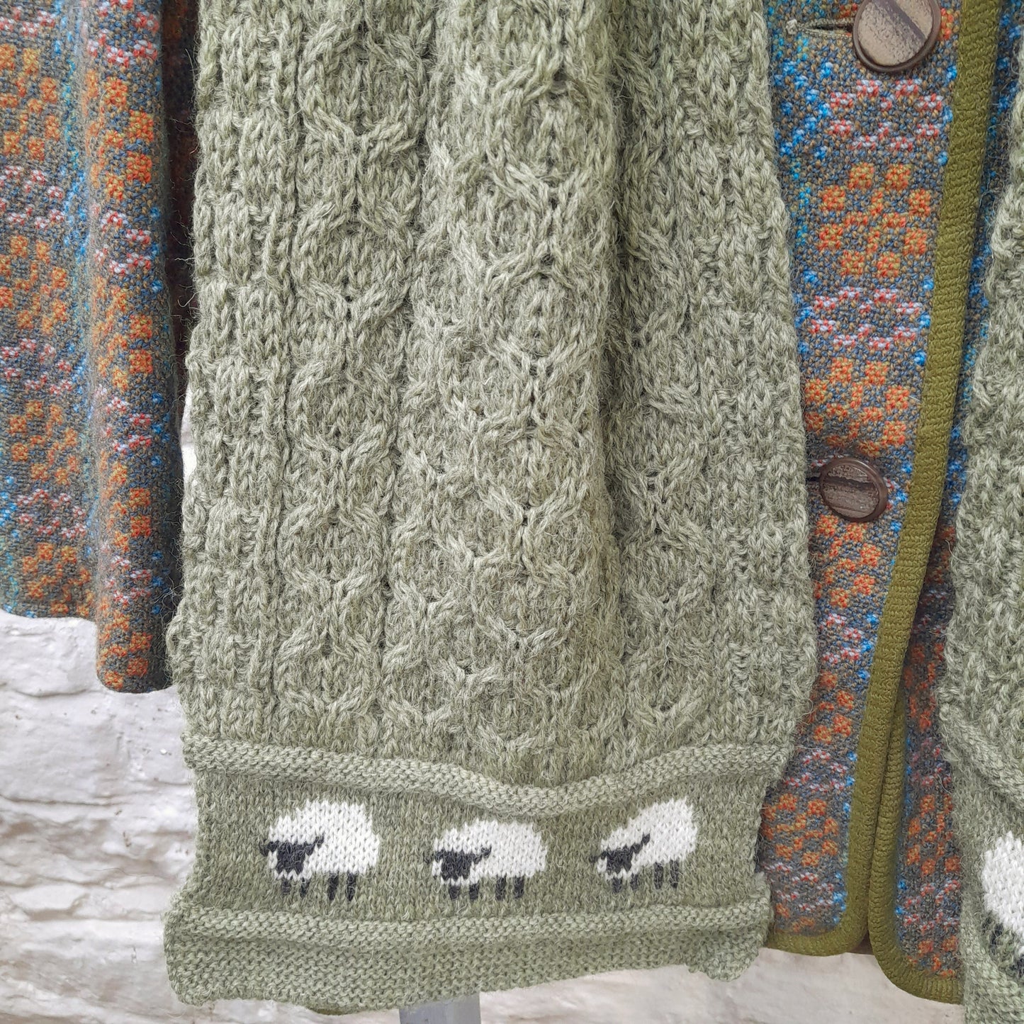 Hand Knitted Welsh Wool SHEEP Scarf in Khaki Green