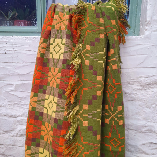 Vintage Welsh Tapestry Blanket in Burnt Orange, Mustard & Olive Green 'Vintage Star' design by Melin Tregwynt King Size