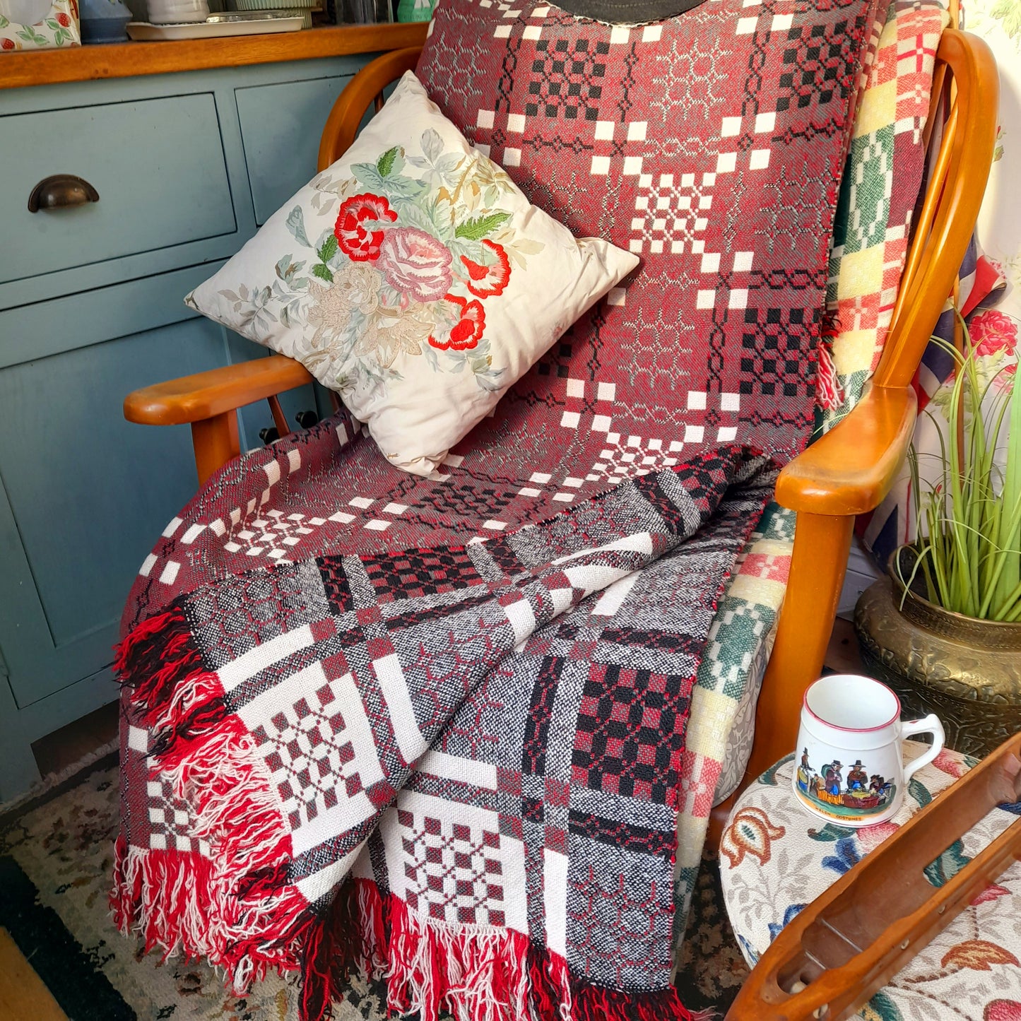 Vintage Welsh Tapestry Blanket in Red Green Black & White by Elvet Woollen Mill