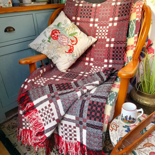 Vintage Welsh Tapestry Blanket in Red Green Black & White by Elvet Woollen Mill