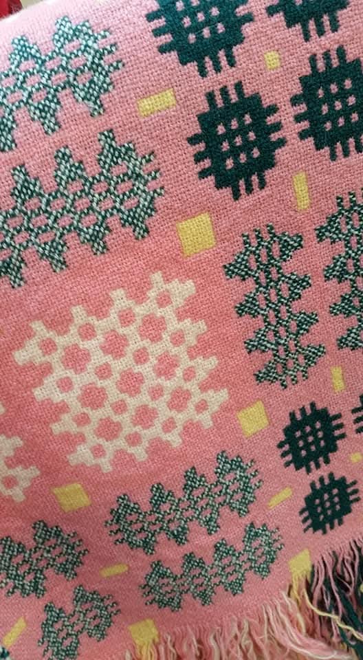 Vintage Welsh Tapestry Blanket in Pink Green & White With a Pop of Yellow by Elfed Woollen Mill