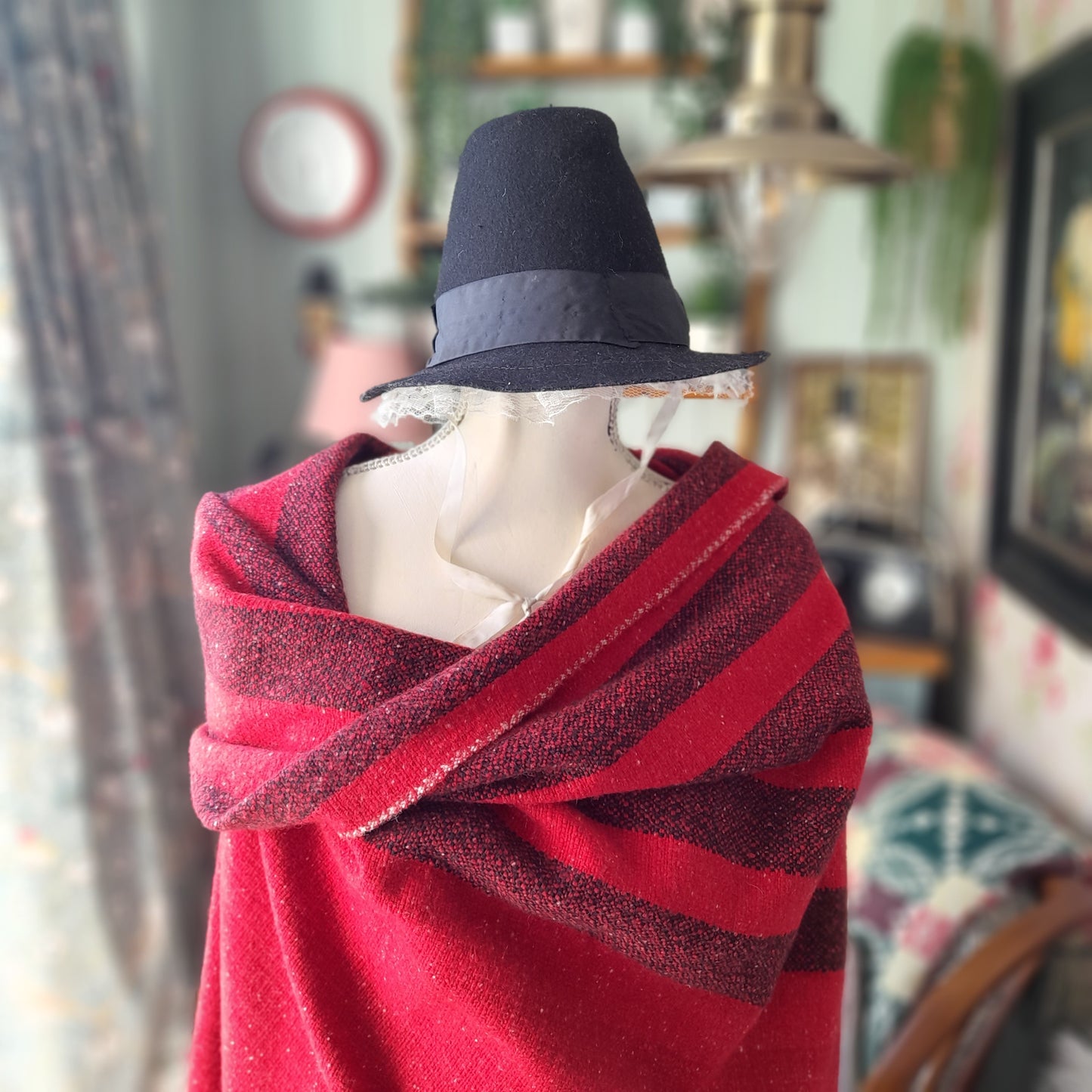 Welsh Blanket/Shawl in Scarlet Red With Traditional Black Stripe To One Side
