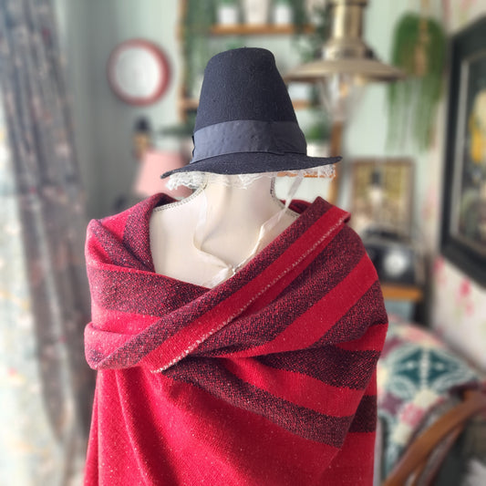 Welsh Blanket/Shawl in Scarlet Red With Traditional Black Stripe To One Side