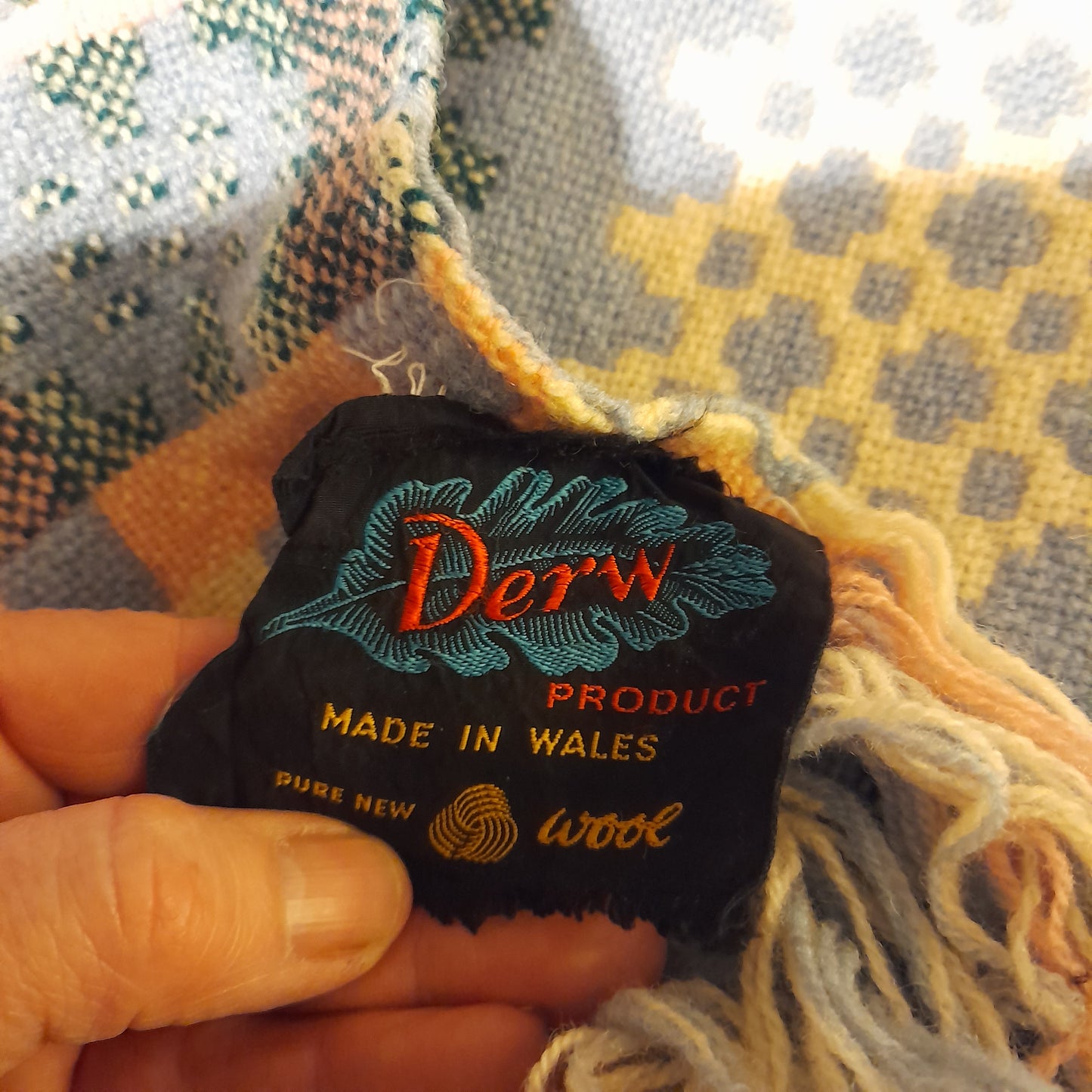 Vintage Welsh Tapestry Blanket in Pale Blue Green White & a Pop of Pink King Size by Derw Mill