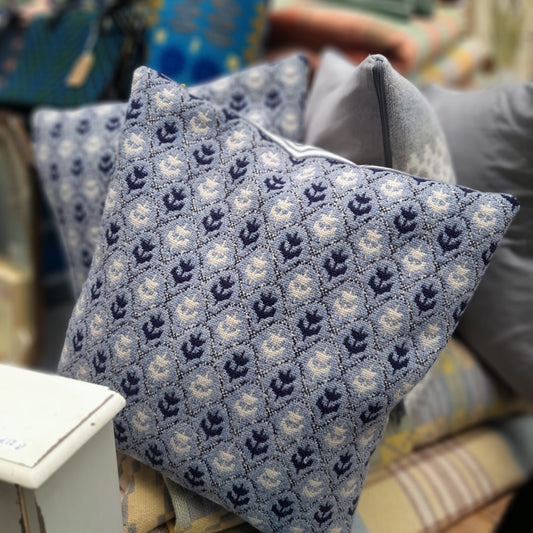 PAIR of Cushions in Navy, Blue & White Made From Vintage Welsh Tapestry 'Tulip' Fabric by Brynkir Woollen Mill 18"