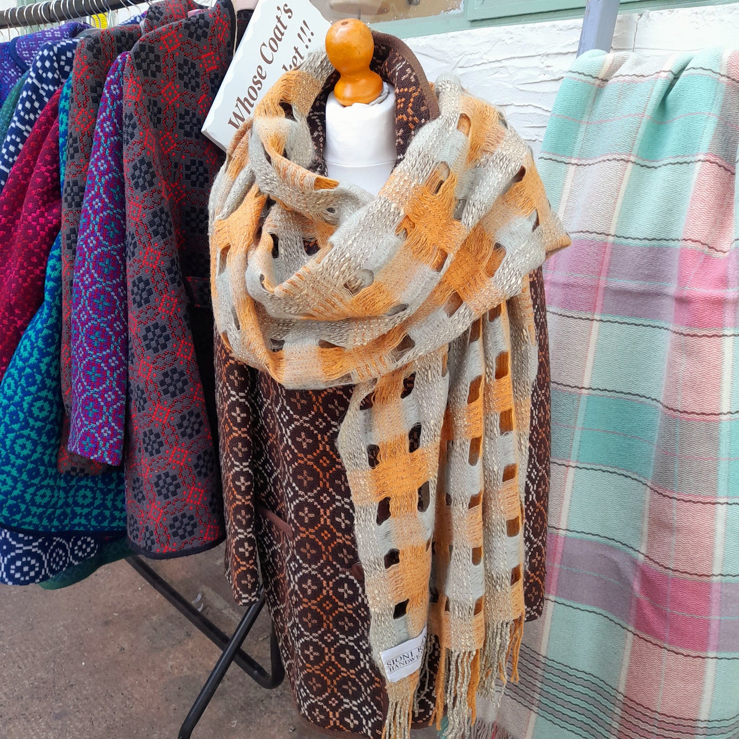 Sioni Rhys Handwoven Wool Wrap/Shawl in Burnt Orange & Sage Green