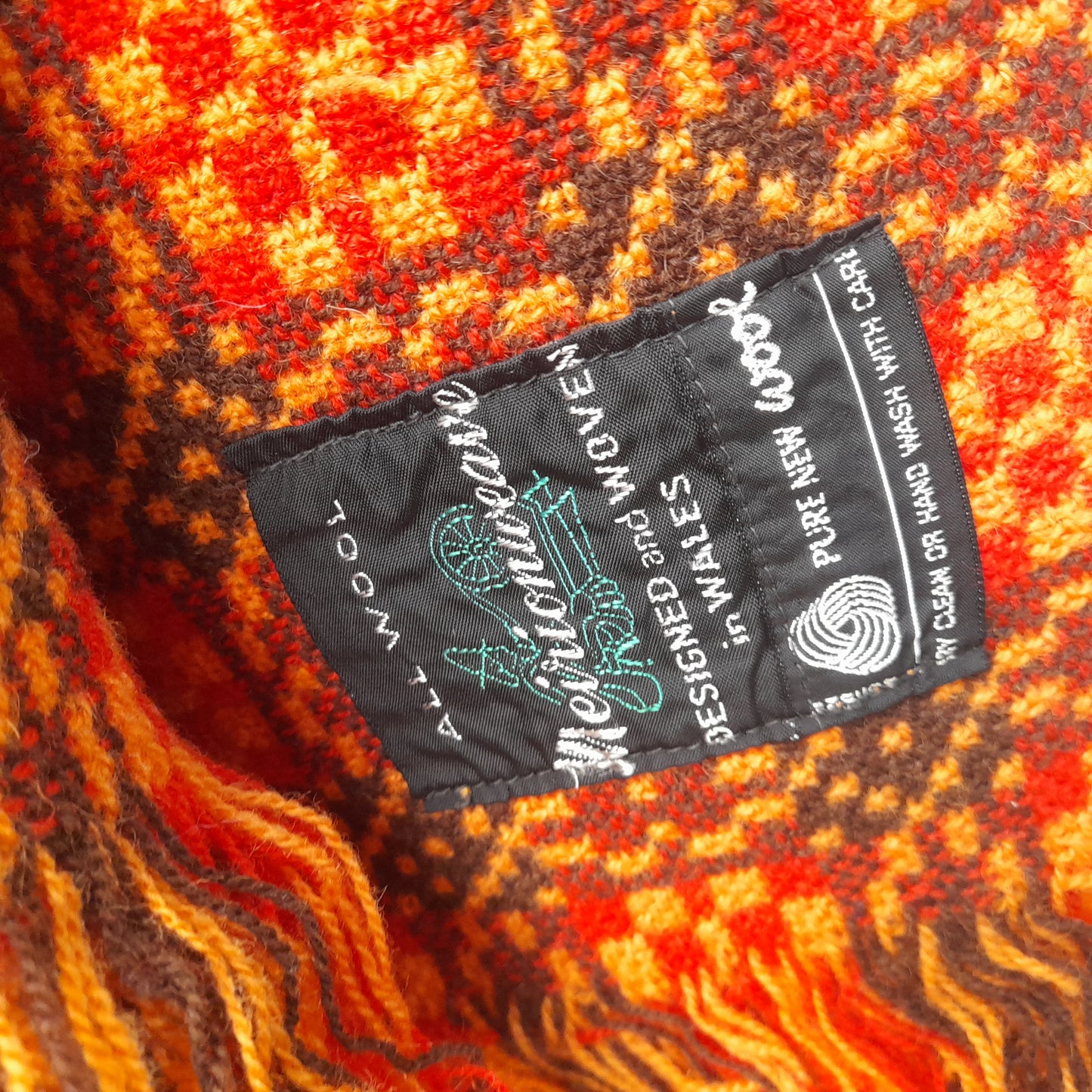 Vintage Welsh Tapestry Blanket in Bright Orange Brown & Gold by Meirion Mill
