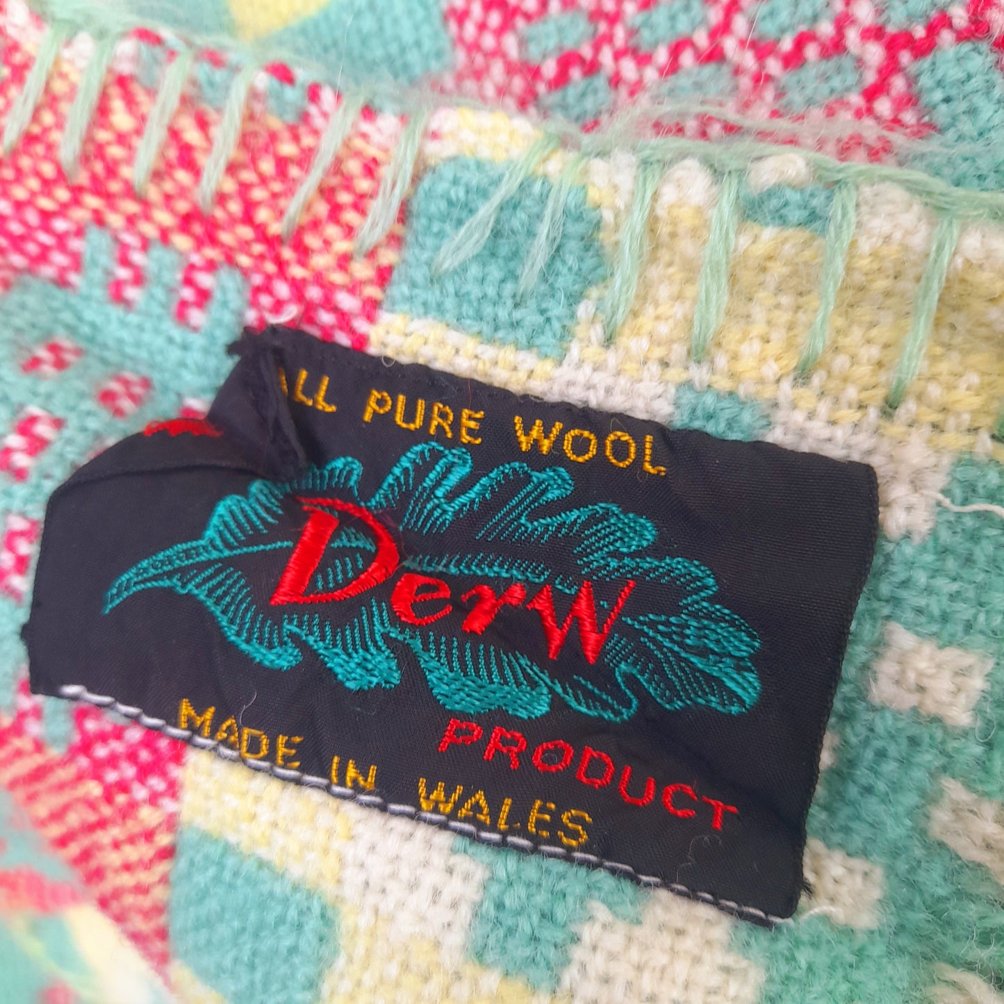 Vintage Welsh Tapestry Blanket in Green, Raspberry Red, Lemon Yellow & White King Size