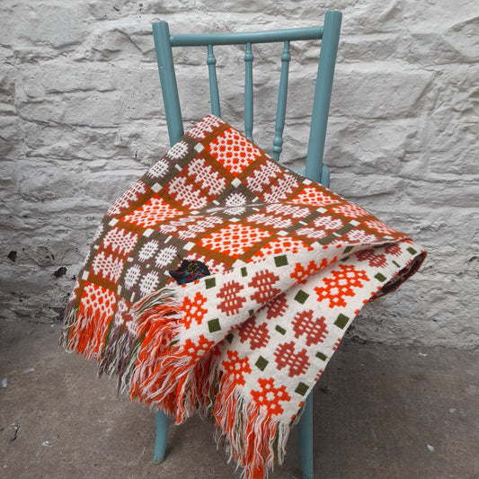 Vintage Welsh Tapestry Blanket in Cream Orange & Olive Green by Derw Mill