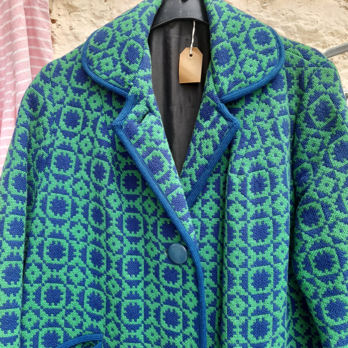 Vintage Welsh Tapestry Coat in Emerald Green & Cobalt Blue 16/18