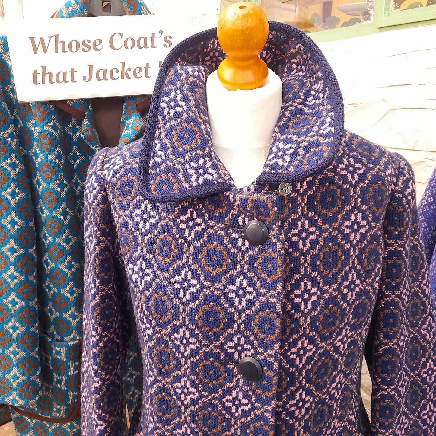 Vintage Full Length Welsh Tapestry Coat in Navy Blue Brown & Pink Unworn