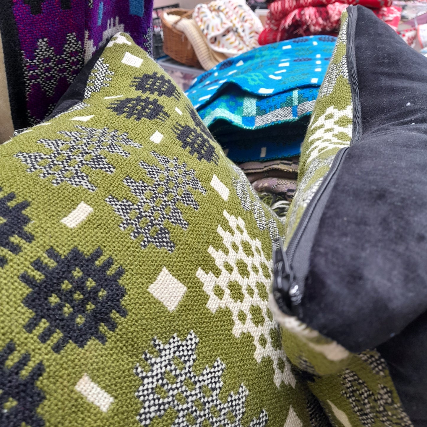 PAIR Of Handmade Welsh Blanket Cushions in Dark Green, Black & White 18"