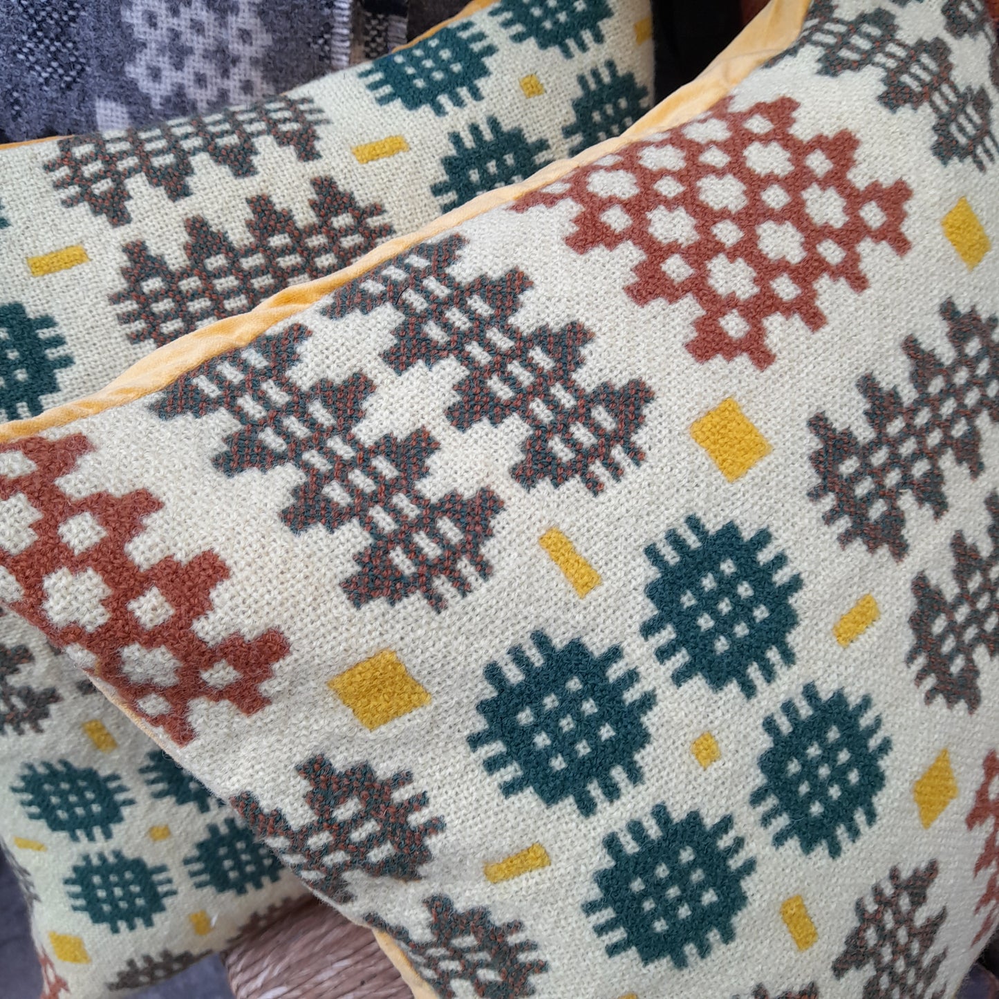 PAIR of Handmade Welsh Tapestry Blanket Cushions in Cream, Green & Mustard Yellow 18"
