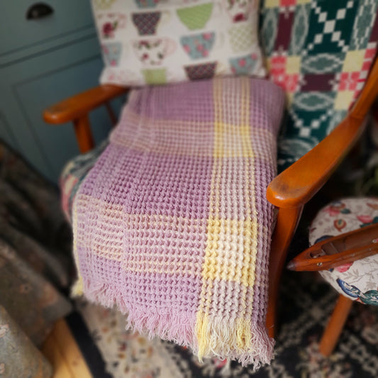 Vintage Welsh Wool Waffle Honeycomb Blanket in Lilac & Lemon Check