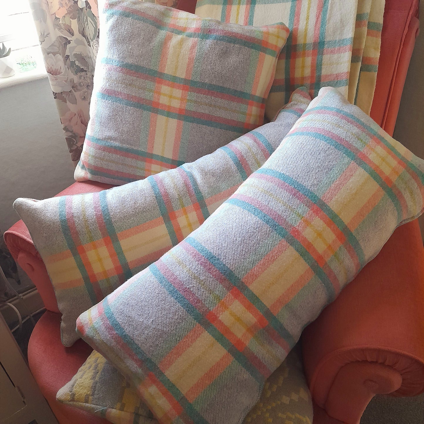 Welsh Wool Cushions Made From A Vintage Blanket in Grey Peach Cream & Green Check 20"
