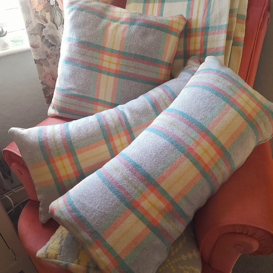 Pair of Welsh Wool Cushions Made From A Vintage Blanket in Grey Peach Cream & Green Check 28" x 14"