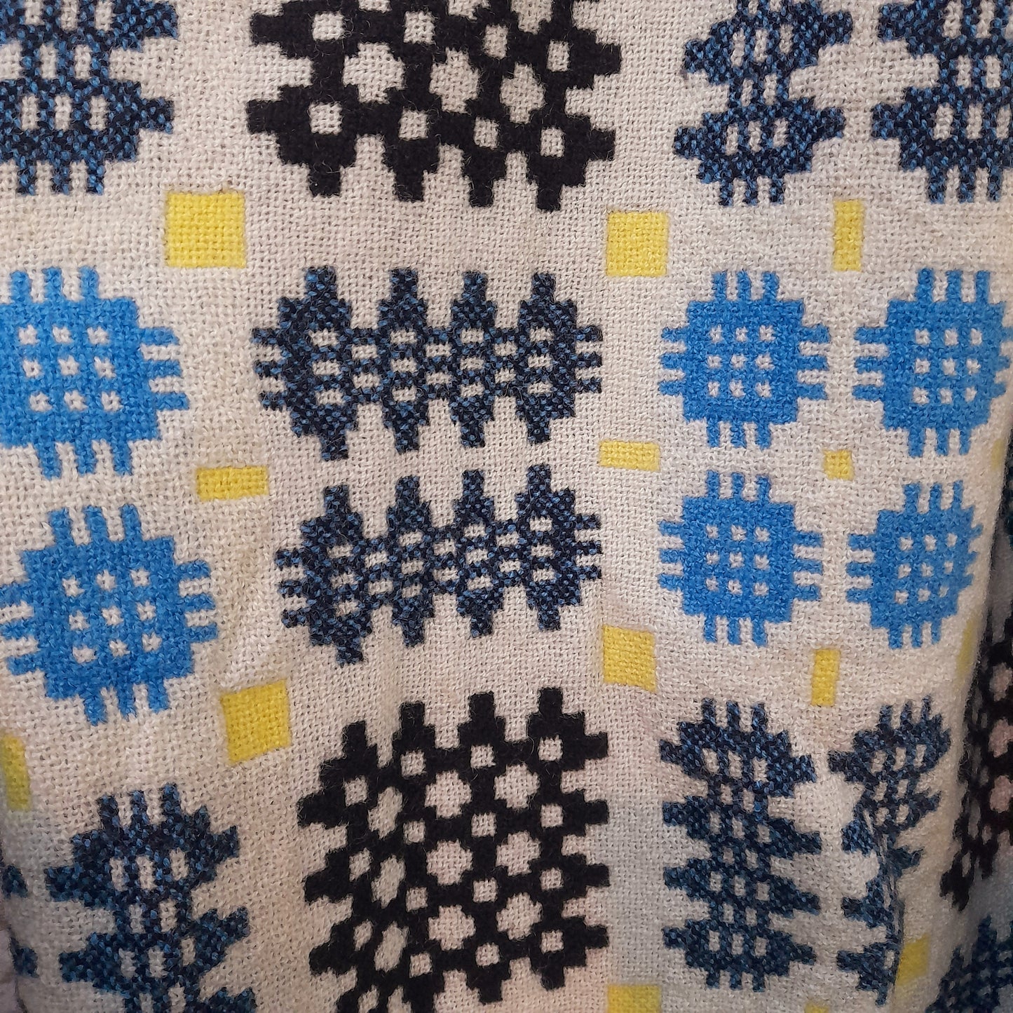 Vintage Welsh Tapestry Blanket in Cream, Sky Blue, Black & A Pop of Daffodil Yellow by Rhydybont Mill King Size