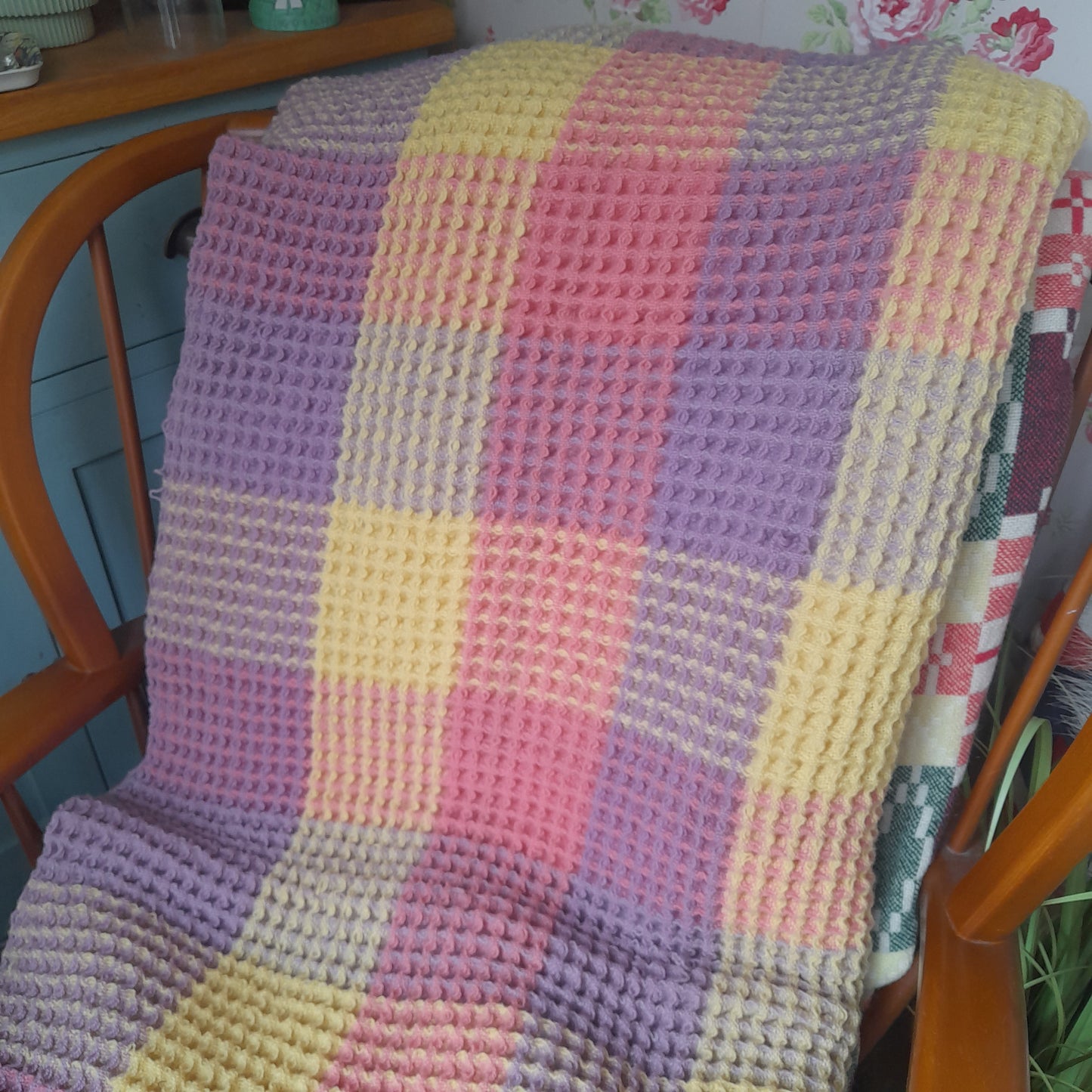 Vintage Welsh Wool Waffle Honeycomb Blanket in Rainbow Pastels Pink Lilac & Lemon Check