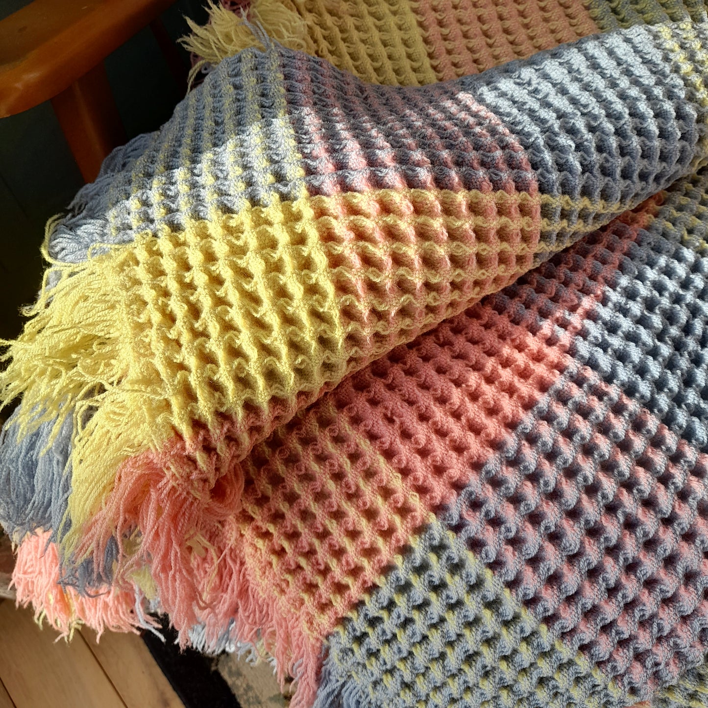Vintage Welsh Wool Waffle Honeycomb Blanket in Rainbow Pastels Pink Blue & Lemon Check