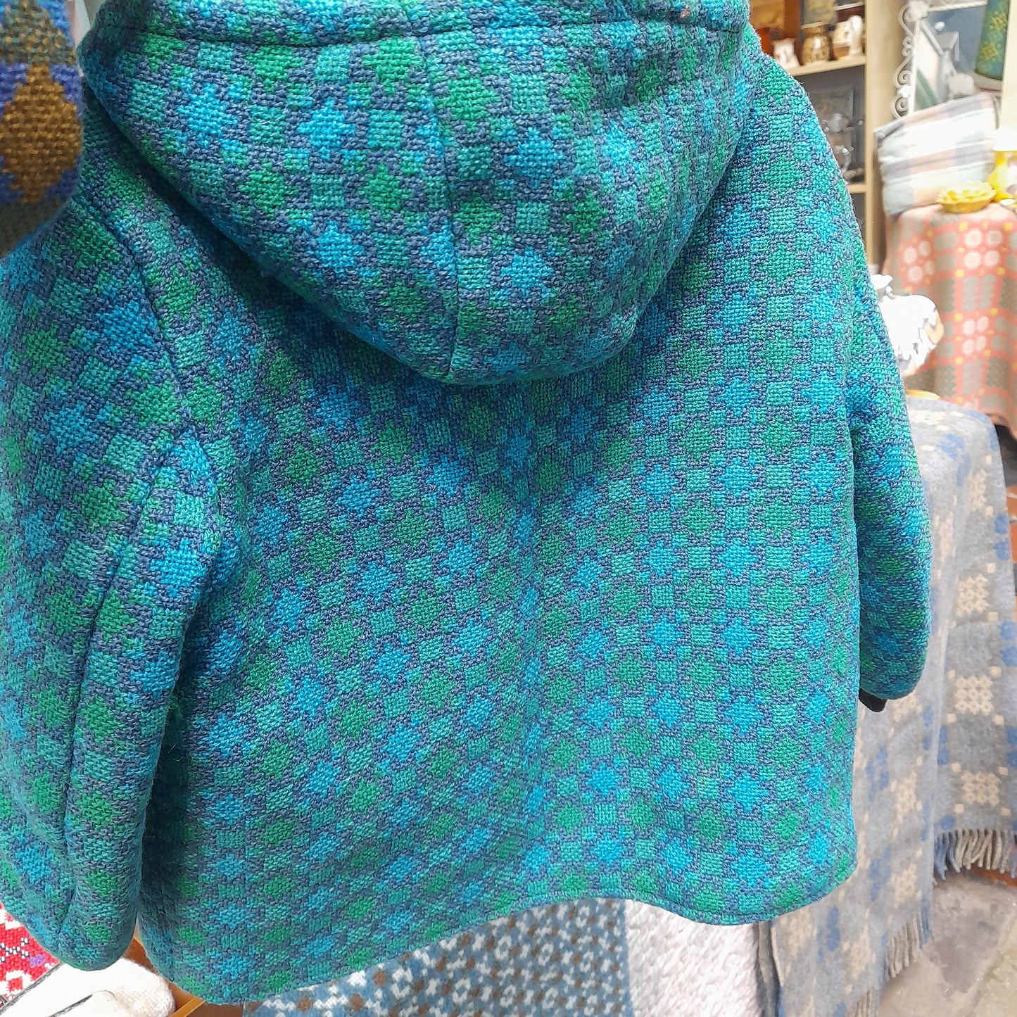 Vintage Child's Welsh Tapestry Coat With Hood in Teal Age 2/3 yrs