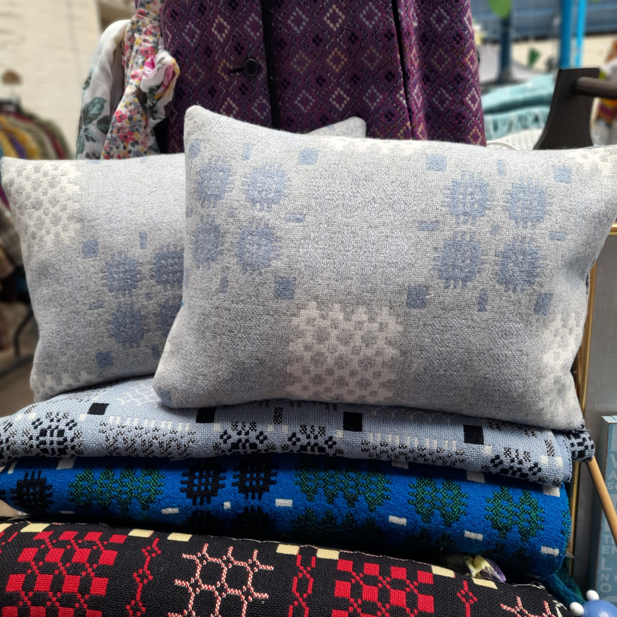 Pair of Welsh Tapestry Blanket Cushions in Pale Blue Grey & White Limited Edition 18" x 12"