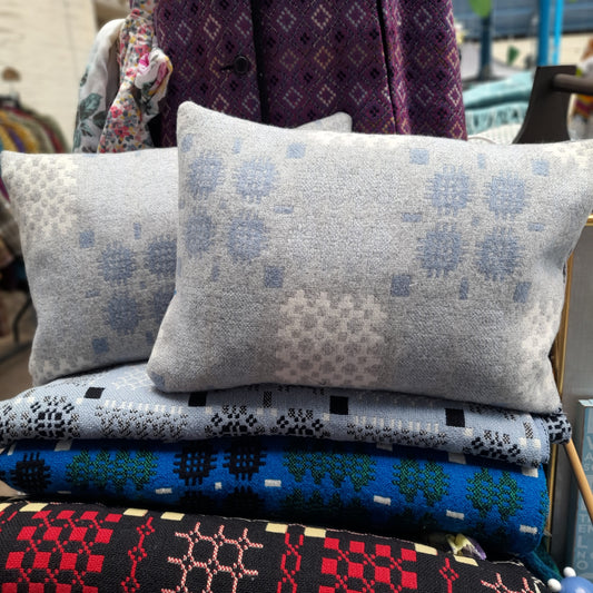 Pair of Welsh Tapestry Blanket Cushions in Pale Blue Grey & White Limited Edition 18" x 12"
