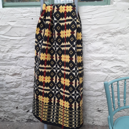 Antique Welsh Blanket in Black Red & Yellow by Brynkir Mill
