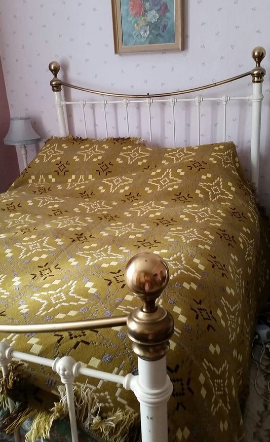 Vintage Welsh Tapestry Blanket in Mustard Gold,Yellow & Brown 'Vintage Star' design by Melin Tregwynt King Size