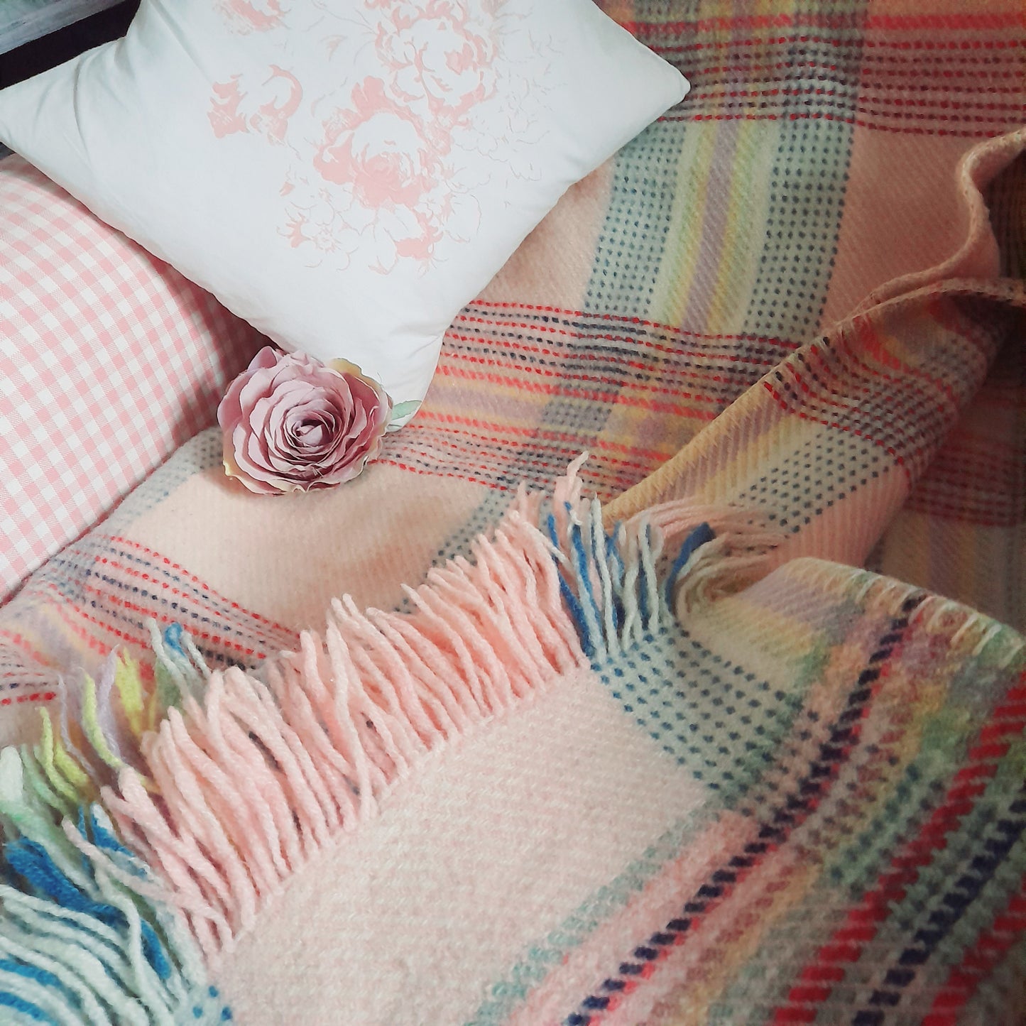 Vintage Welsh Blanket in Pretty Pastel Plaid Checks in Pink Lilac Blue & Pop of Red