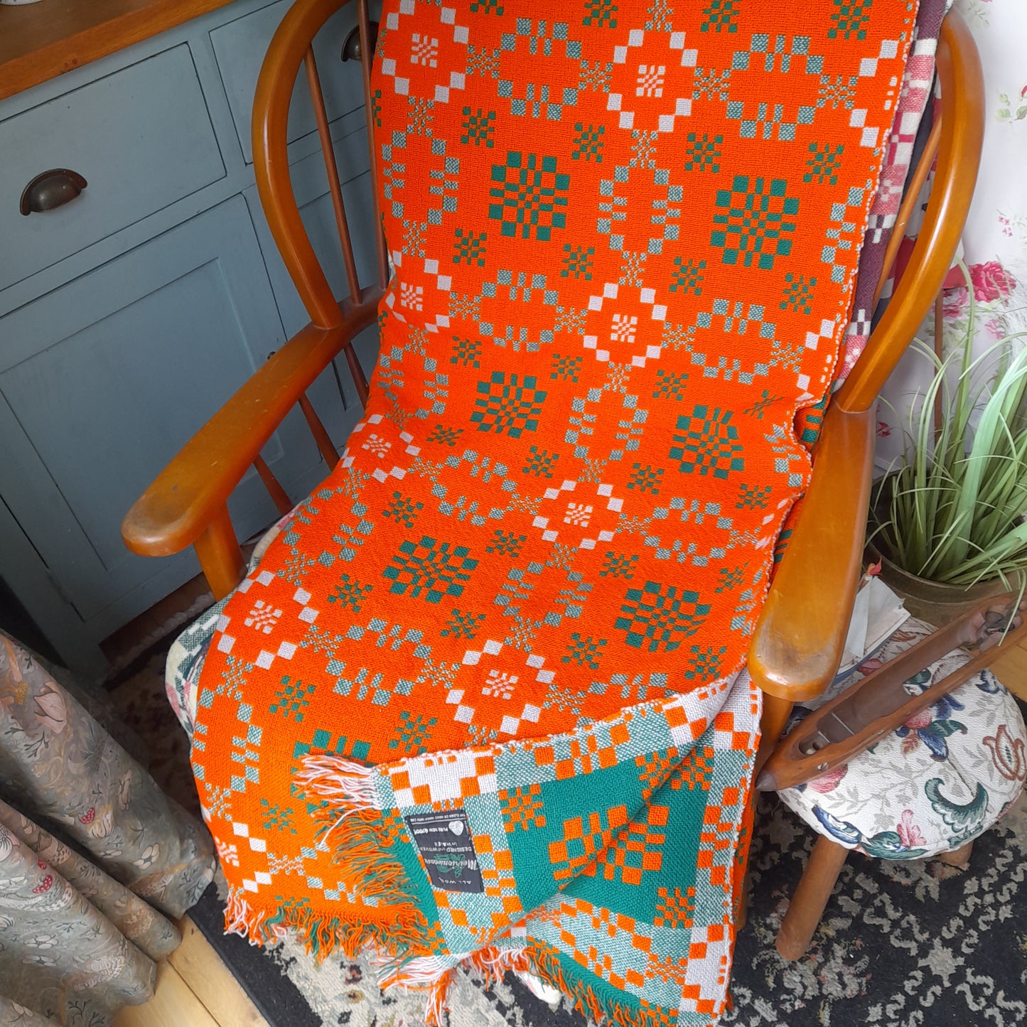 Vintage Welsh Tapestry Blanket in Bright Orange Green & Off White by Meirion Mill