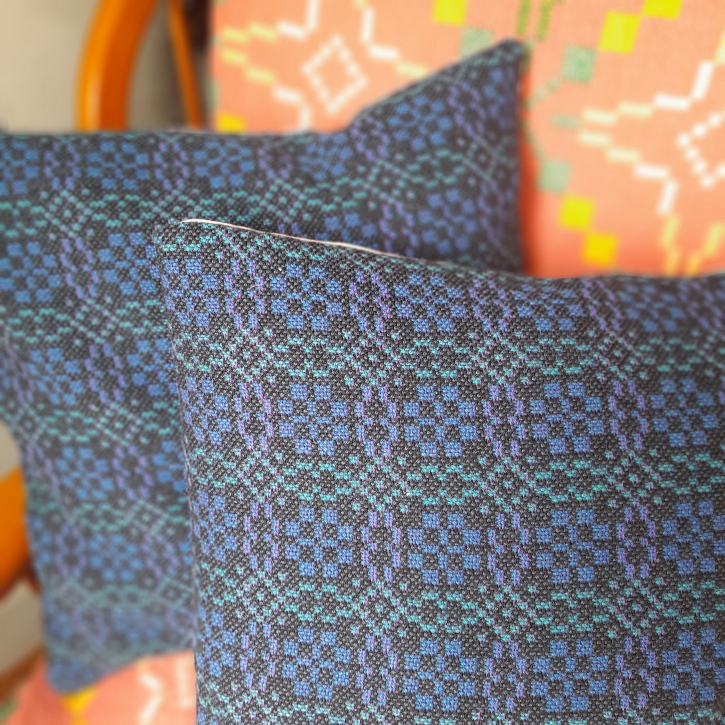 PAIR Handmade Cushions Made From Vintage Welsh Tapestry Fabric in Navy Blue, Green & Black 18"