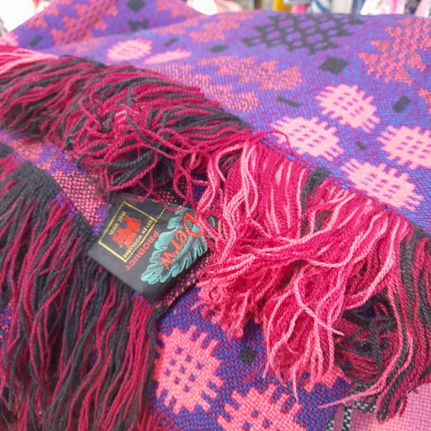 Vintage Welsh Tapestry Blanket in Purple Pink & Black by Derw Mill