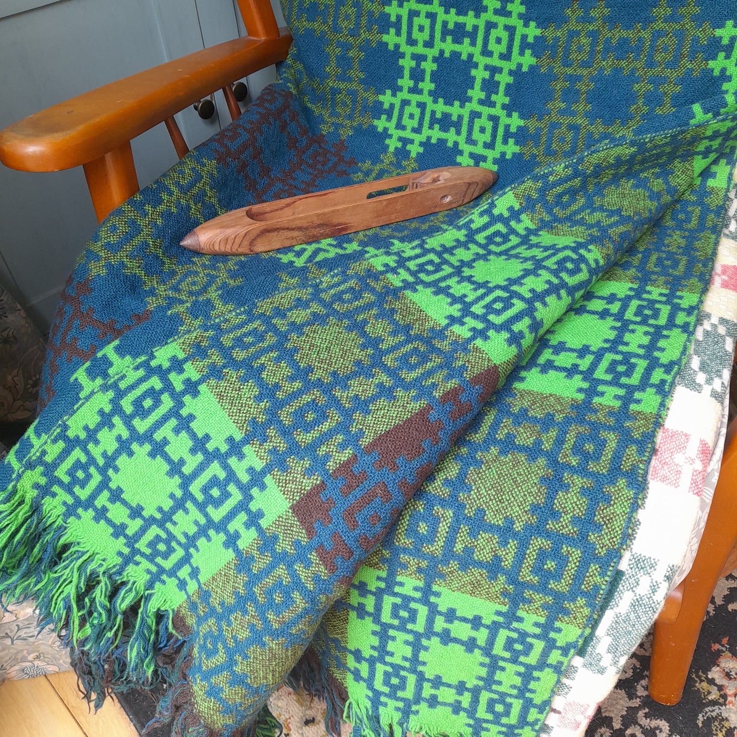 Rare Vintage Welsh Tapestry Blanket in Teal & Lime Green by Arthur Morus at Dolwerdd Mill