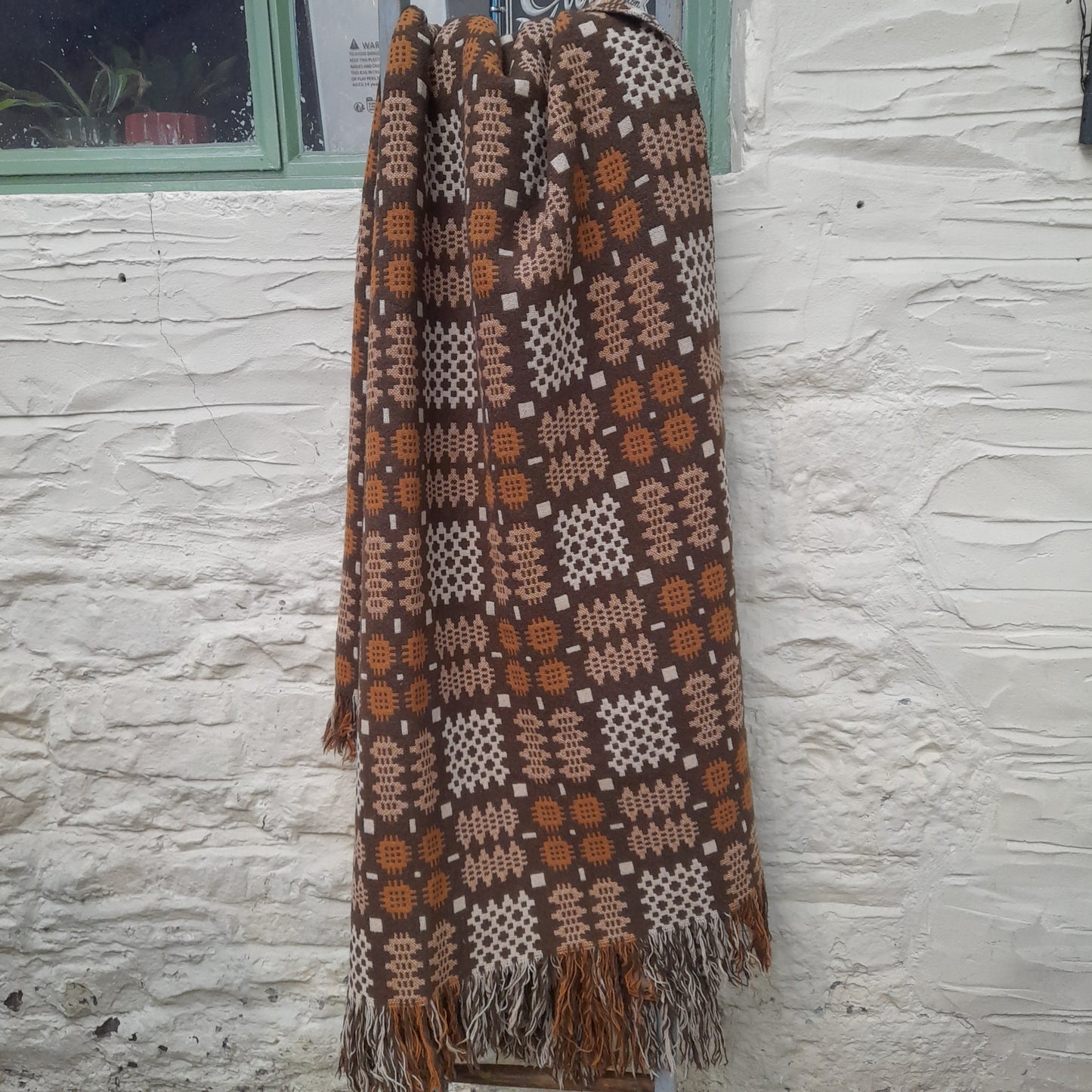 Vintage Welsh Tapestry Blanket in Chocolate Browns & Creams King Size