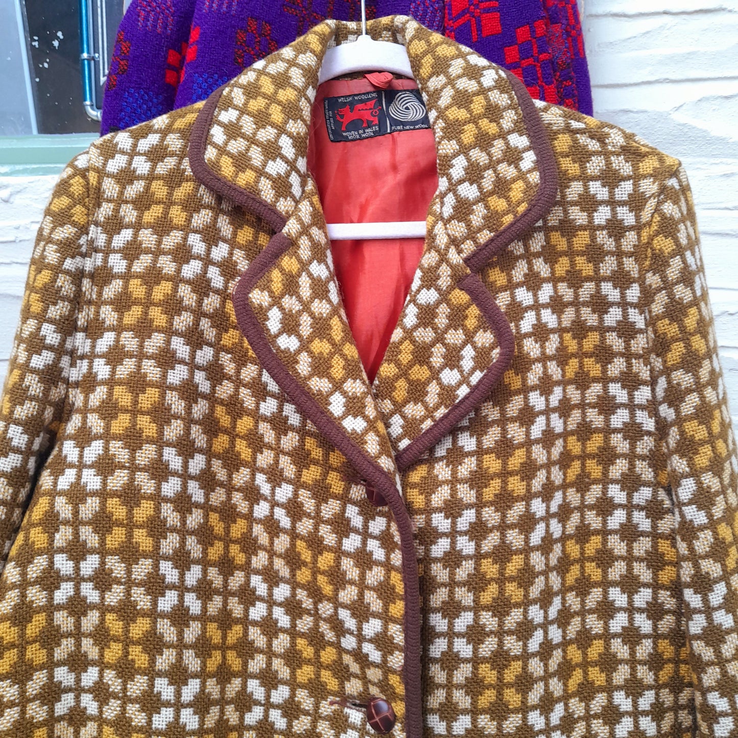 Vintage Welsh Tapestry Pea Coat in Mustard, Cream & Brown Size 16/18