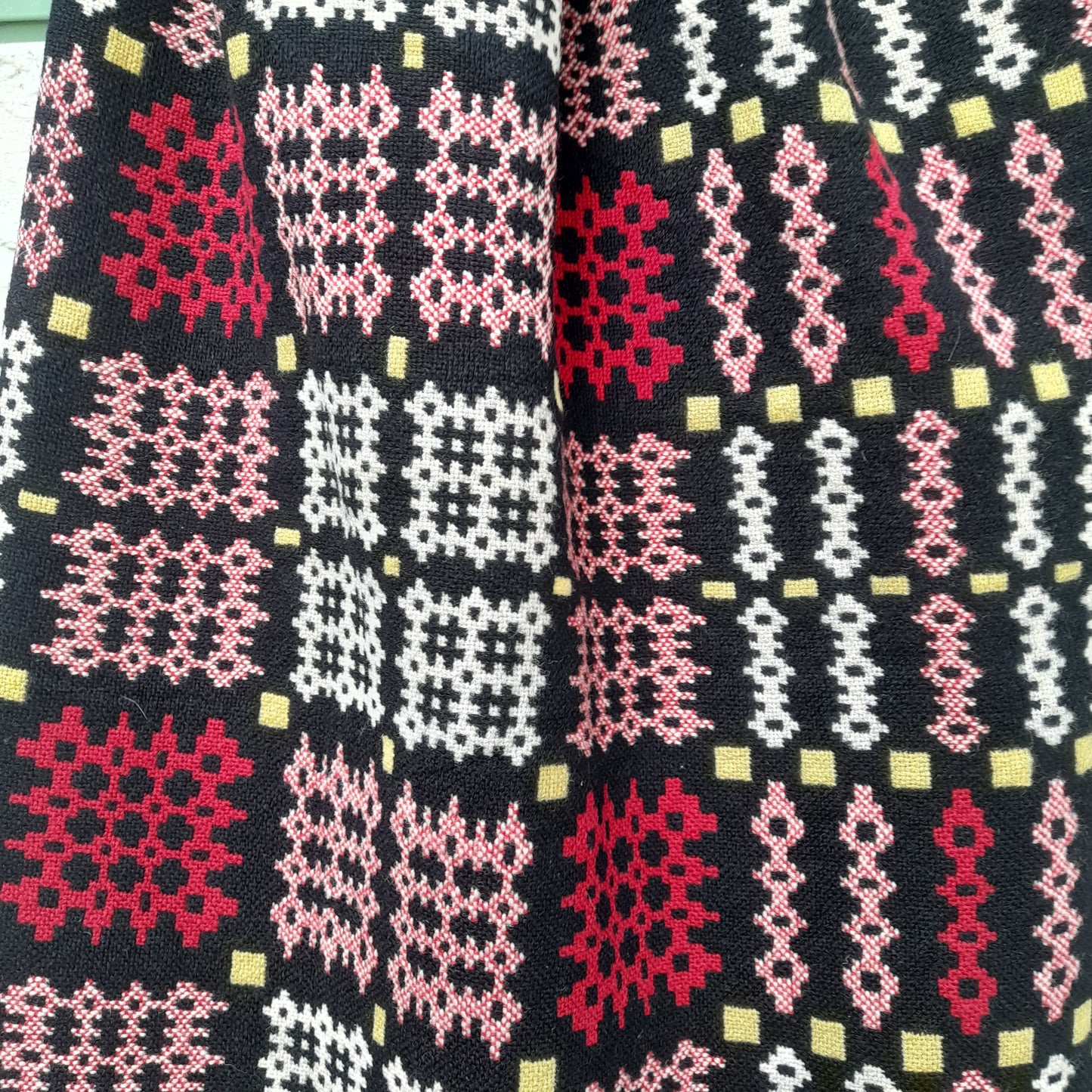 Welsh Tapestry Blanket in Black Red, Yellow & White by Gwili Mill